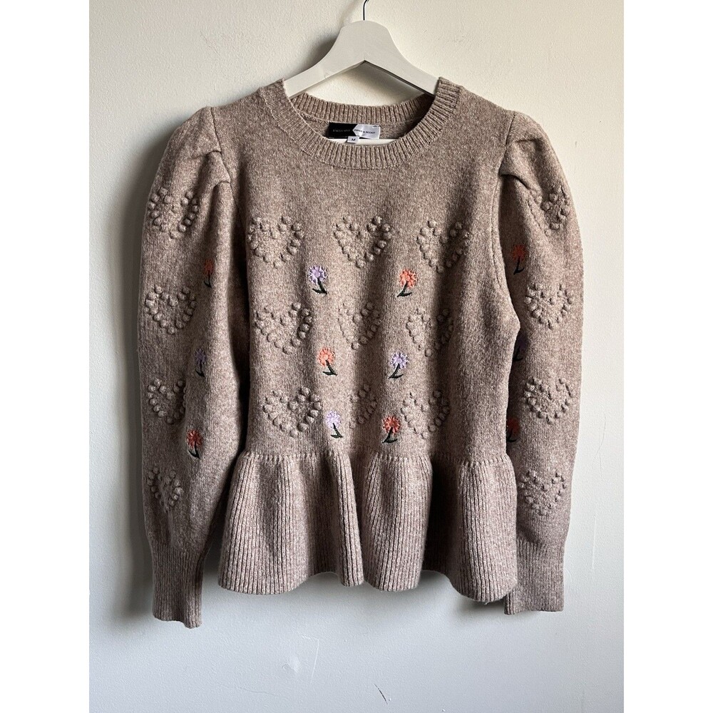Piper & Scoot Sweater Puff Sleeve Floral Embroidery Cream Beige Sz M